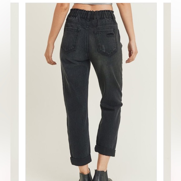 Risen High Rise Elastic Waisted Distressed Mom Jean - Picture 3 of 4